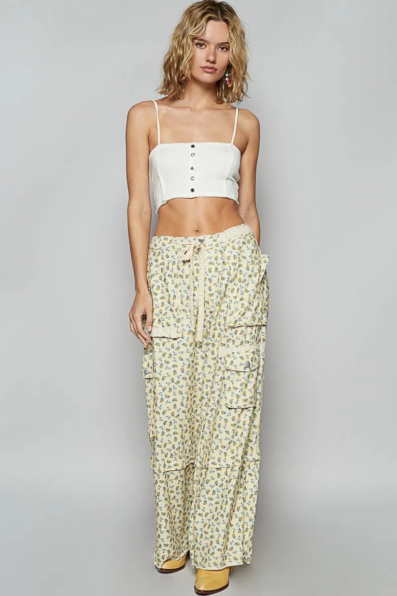 POL Floral Cargo Wide Leg Pants with Lace Drawstring - Blu Lotus Boutique