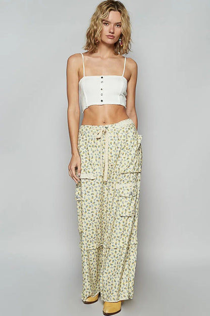 POL Floral Cargo Wide Leg Pants with Lace Drawstring - Blu Lotus Boutique