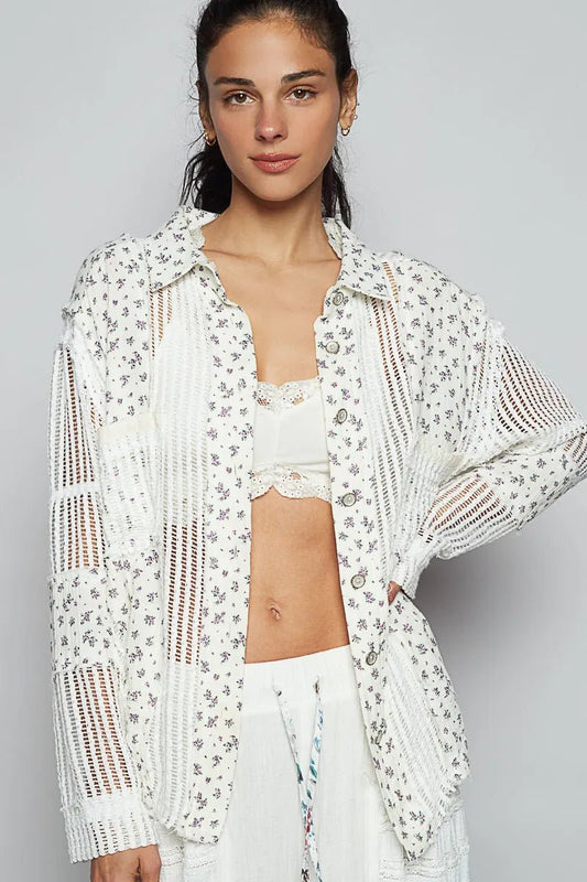 POL Floral Crochet Patchwork Long Sleeve Shirt - Blu Lotus Boutique