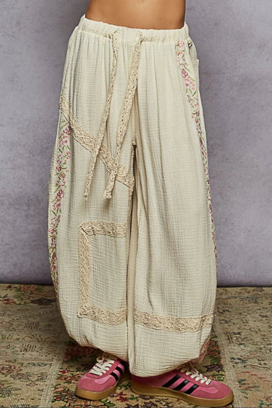 POL Floral Embroidered Drawstring Joggers with Lace Trim - Blu Lotus Boutique