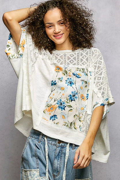 POL Floral Patchwork Lace Accent Blouse - Blu Lotus Boutique