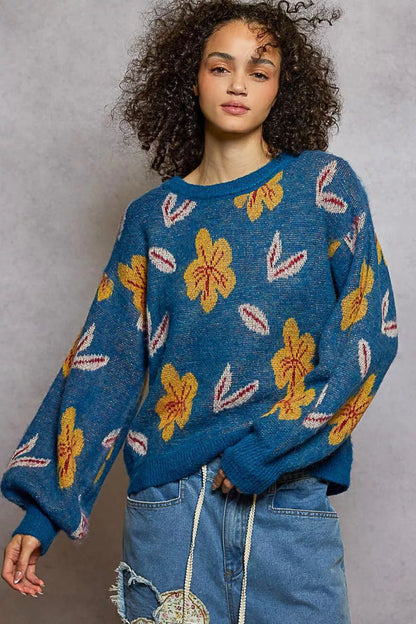 POL Floral Pattern Round Neck Balloon Sleeve Sweater - Blu Lotus Boutique