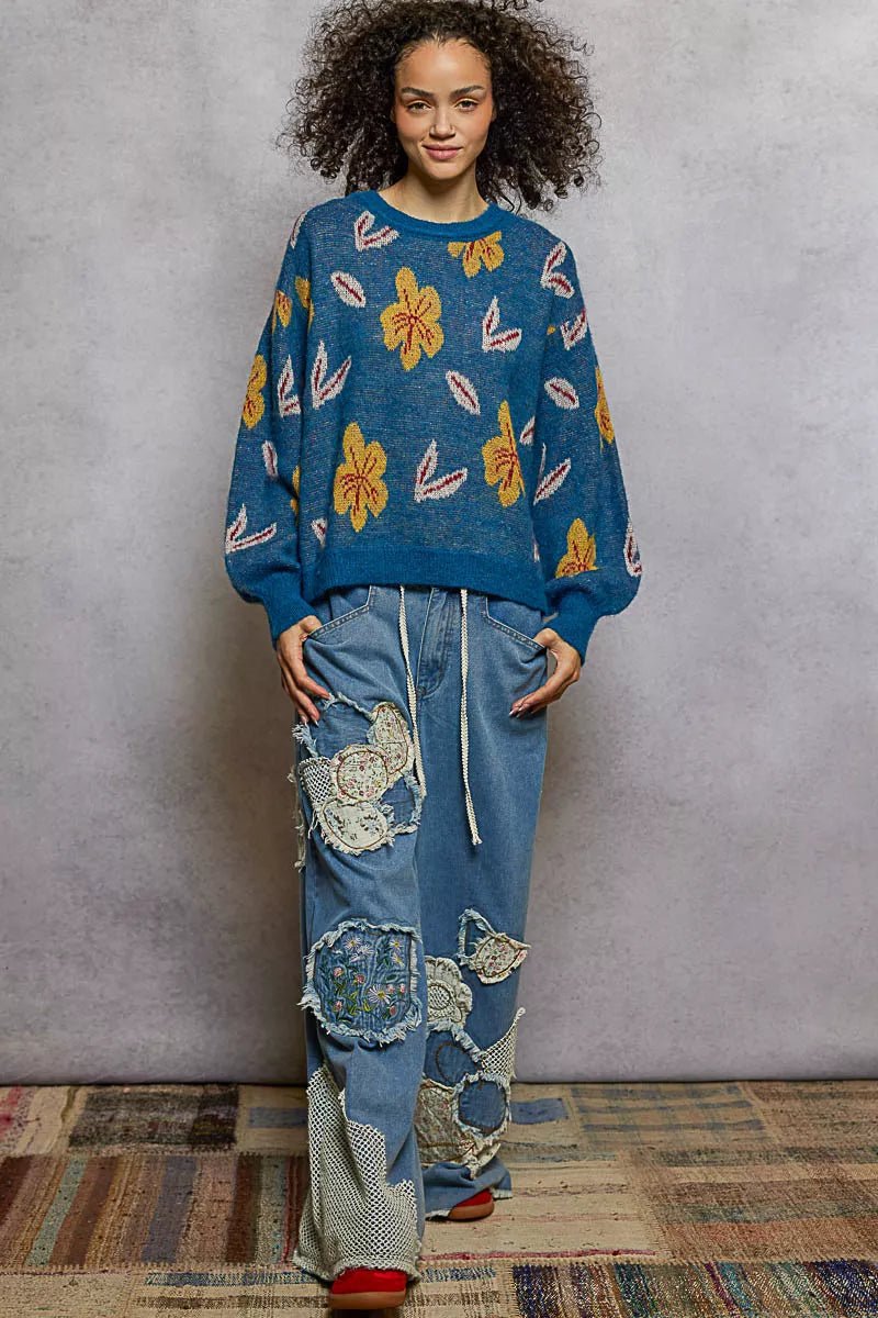 POL Floral Pattern Round Neck Balloon Sleeve Sweater - Blu Lotus Boutique