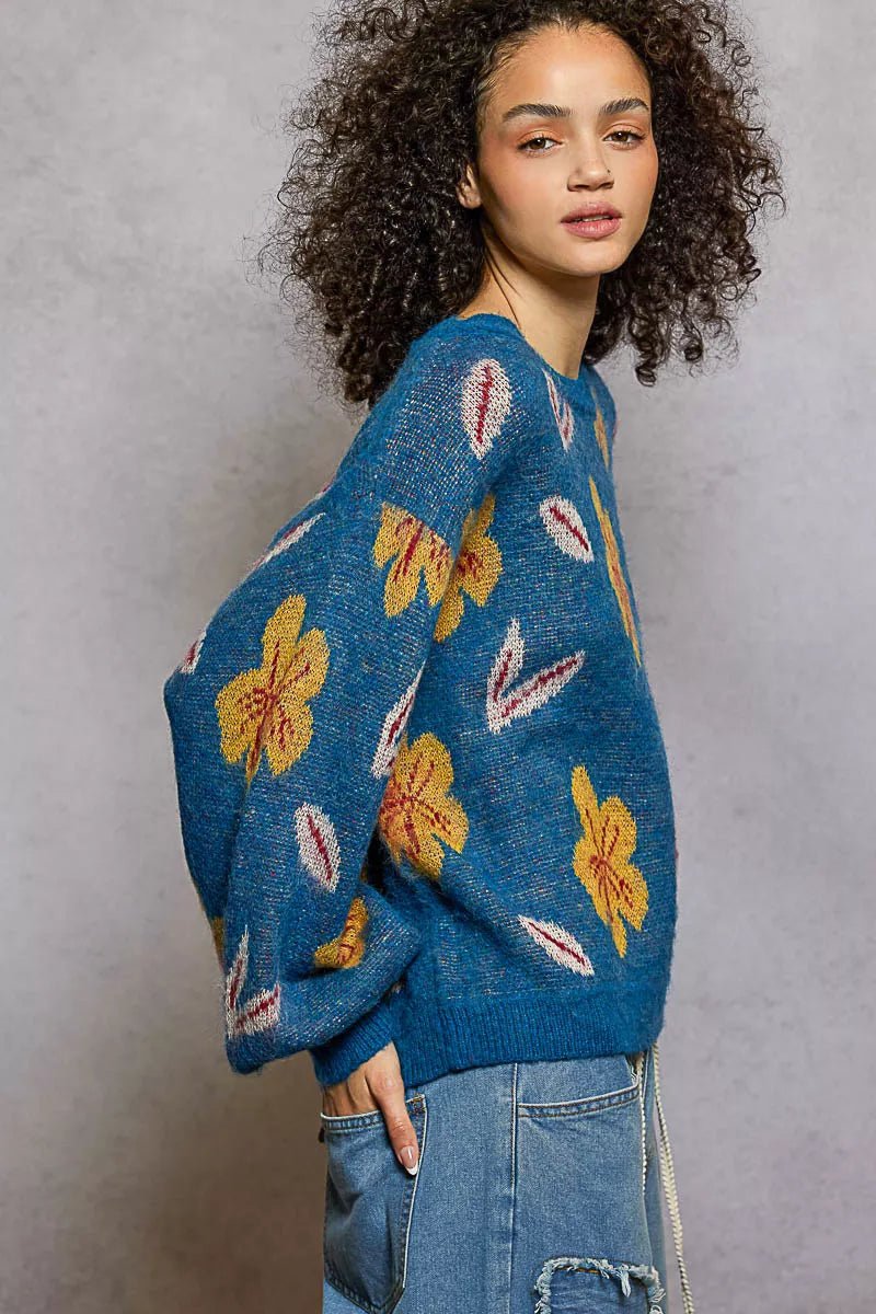 POL Floral Pattern Round Neck Balloon Sleeve Sweater - Blu Lotus Boutique