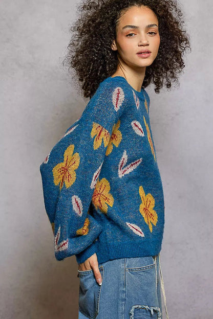 POL Floral Pattern Round Neck Balloon Sleeve Sweater - Blu Lotus Boutique