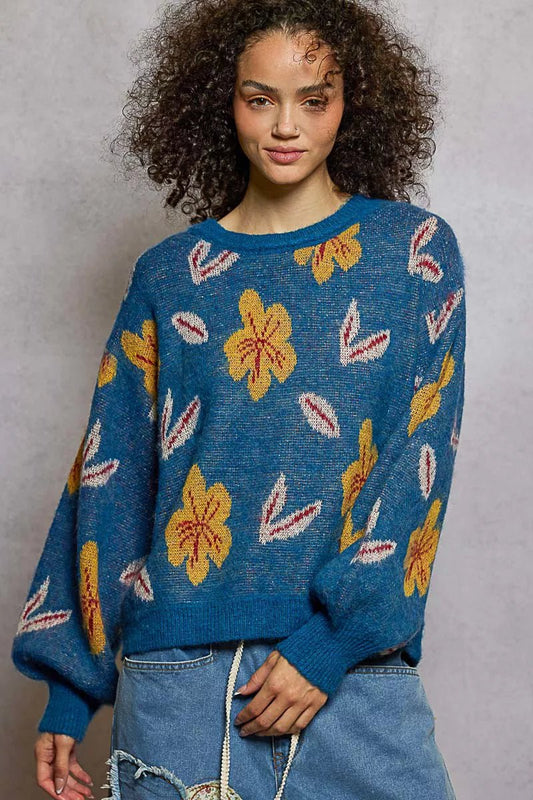 POL Floral Pattern Round Neck Balloon Sleeve Sweater - Blu Lotus Boutique