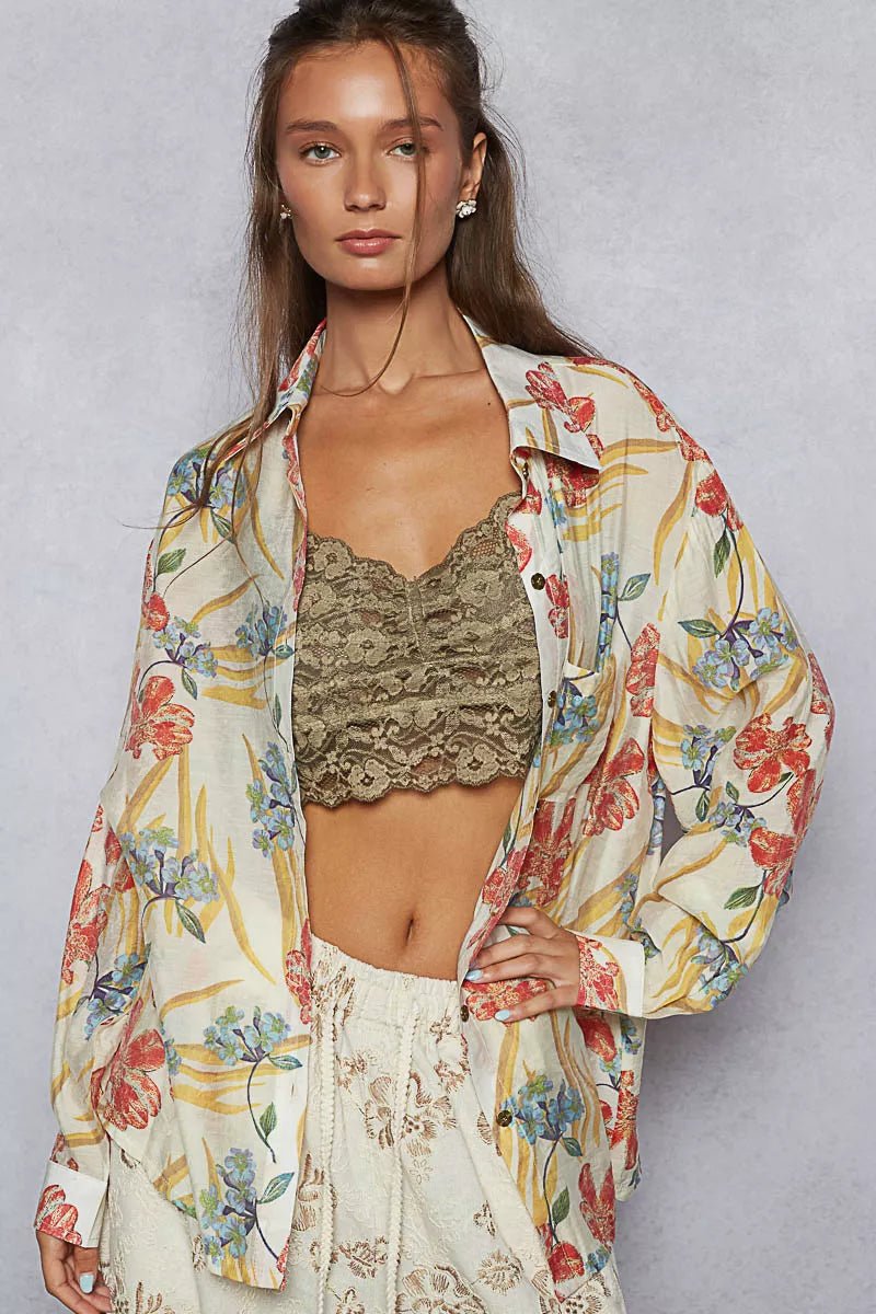 POL Floral Print Button Down Long Sleeve Shirt - Blu Lotus Boutique