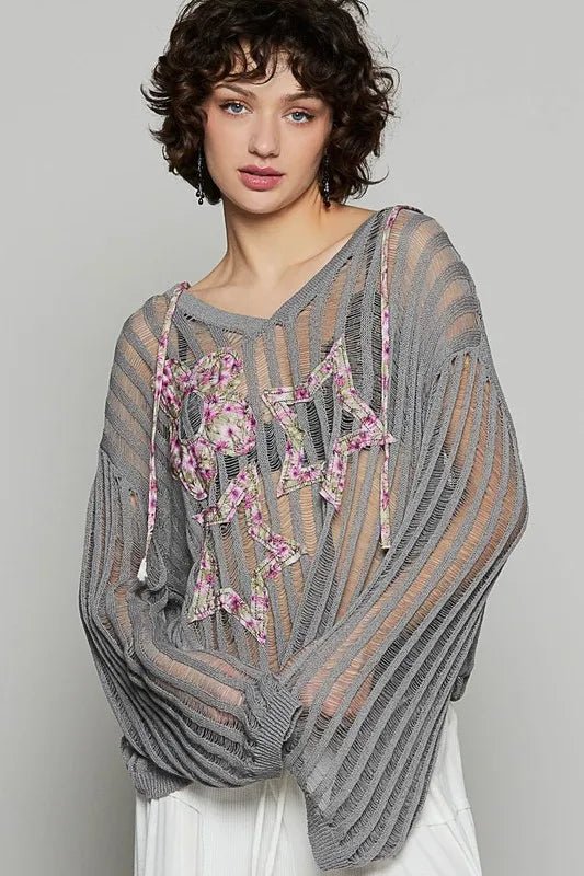 POL Floral Print Star Patch Lightweight Hooded Knit Cover Up - Blu Lotus Boutique