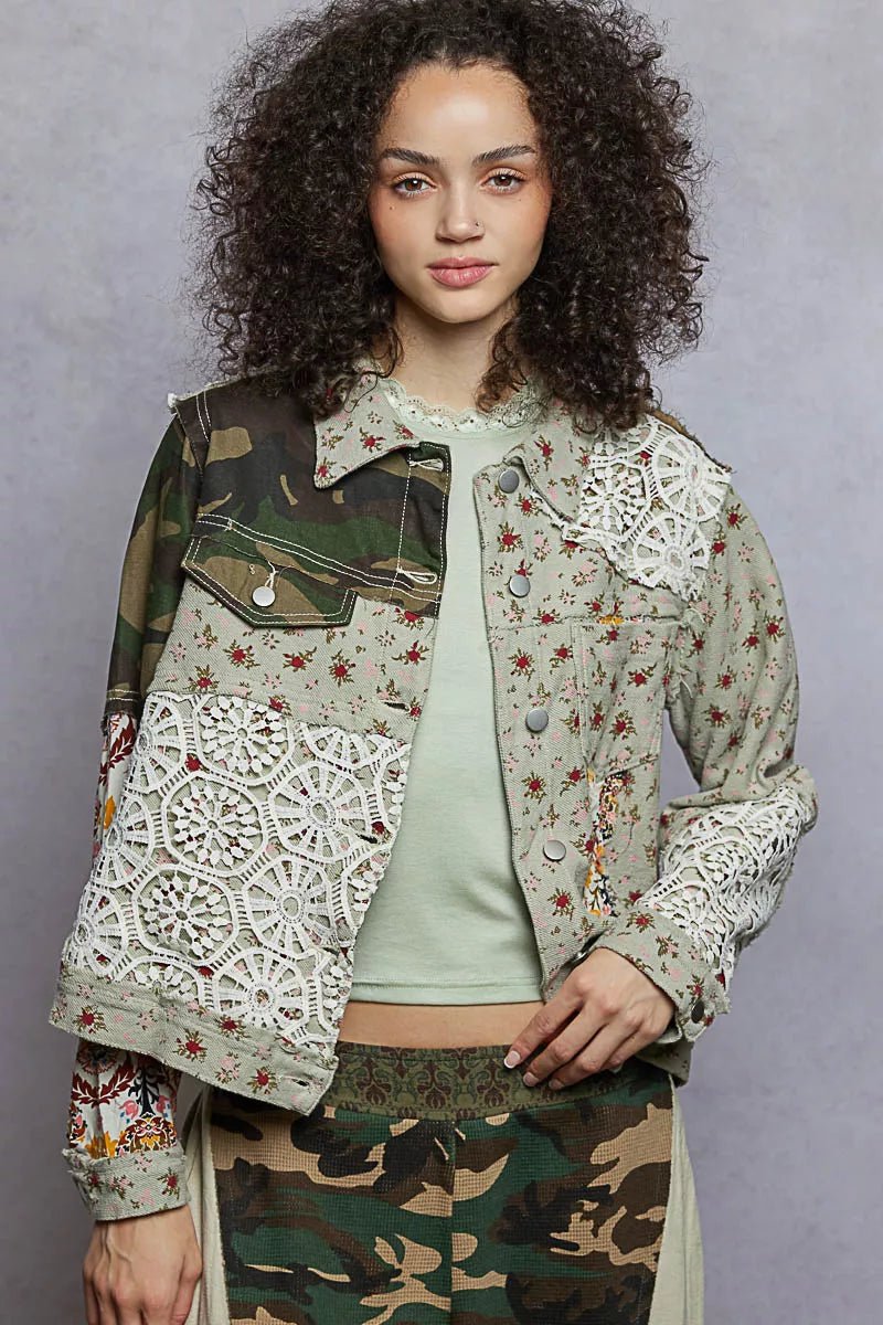 POL Floral Printed French Terry Jacket with Crochet Contrast - Blu Lotus Boutique