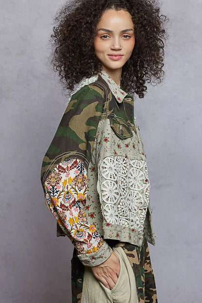 POL Floral Printed French Terry Jacket with Crochet Contrast - Blu Lotus Boutique
