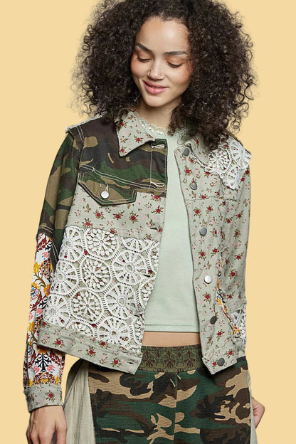 POL Floral Printed French Terry Jacket with Crochet Contrast - Blu Lotus Boutique