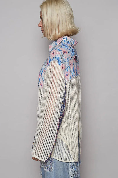 POL Floral Slit Back Plaid Patchwork Shirt - Blu Lotus Boutique