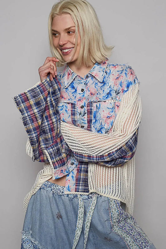 POL Floral Slit Back Plaid Patchwork Shirt - Blu Lotus Boutique