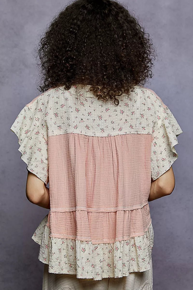 POL Floral V - Neck Short Sleeve Ruffled Double Gauze Blouse with Embroidery Detail - Blu Lotus Boutique