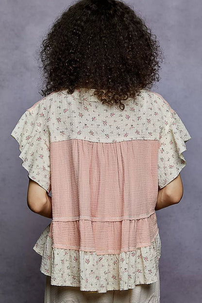 POL Floral V - Neck Short Sleeve Ruffled Double Gauze Blouse with Embroidery Detail - Blu Lotus Boutique