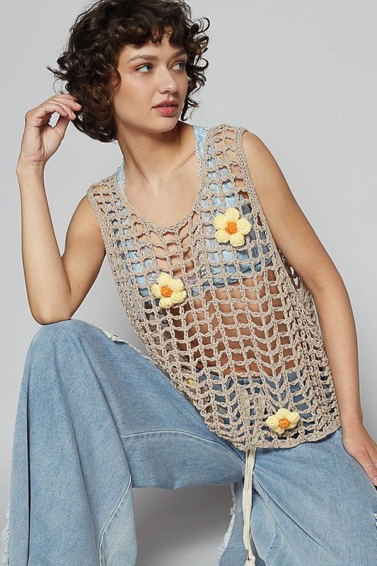 POL Flower Crochet Scoop Neck Sleeveless Knit Cover Up - Blu Lotus Boutique