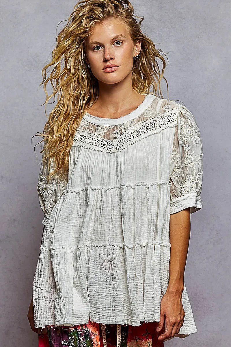 POL Lace Detail Tiered Round Neck Half Sleeve Blouse - Blu Lotus Boutique