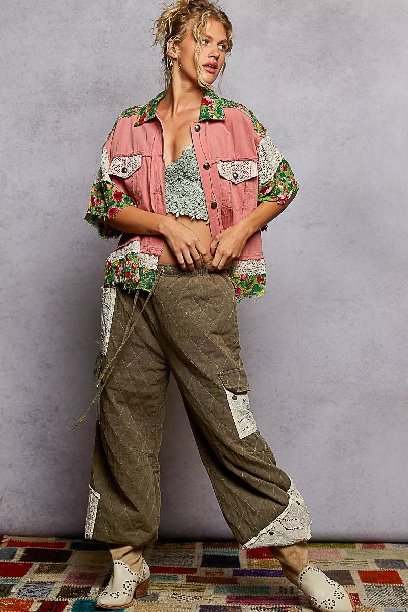 POL Lace Patch Floral Half Sleeve Shacket - Blu Lotus Boutique