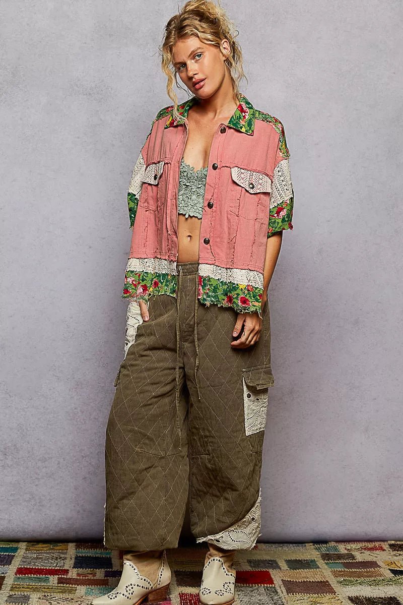 POL Lace Patch Floral Half Sleeve Shacket - Blu Lotus Boutique