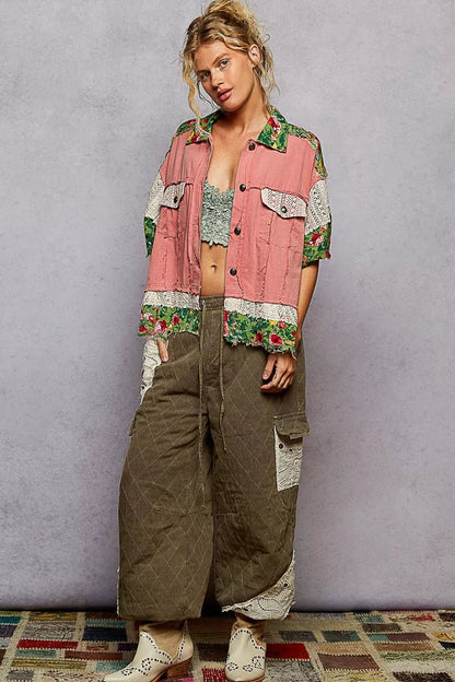 POL Lace Patch Floral Half Sleeve Shacket - Blu Lotus Boutique