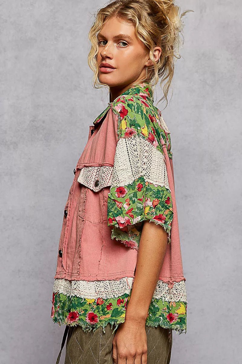 POL Lace Patch Floral Half Sleeve Shacket - Blu Lotus Boutique