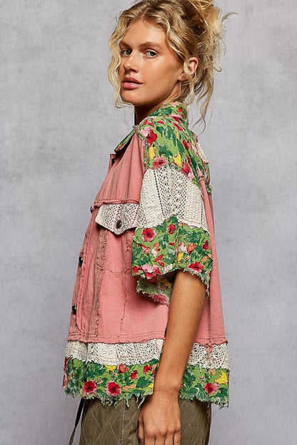 POL Lace Patch Floral Half Sleeve Shacket - Blu Lotus Boutique