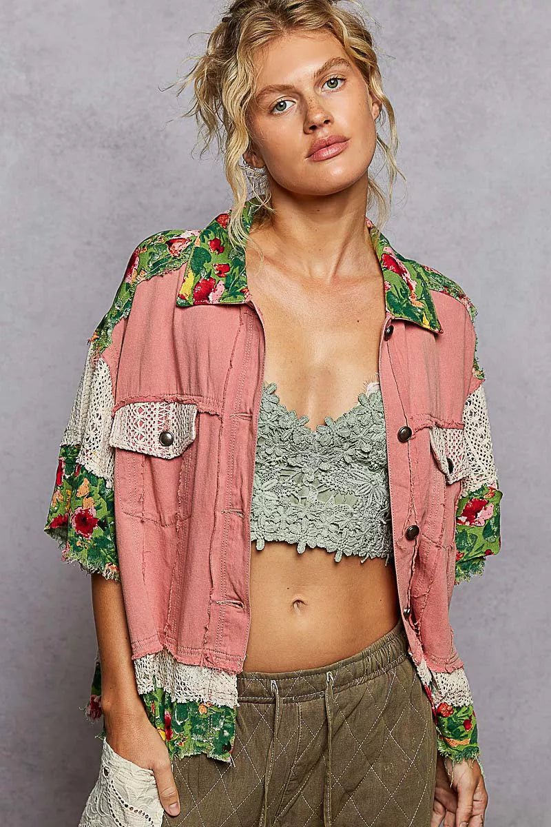 POL Lace Patch Floral Half Sleeve Shacket - Blu Lotus Boutique