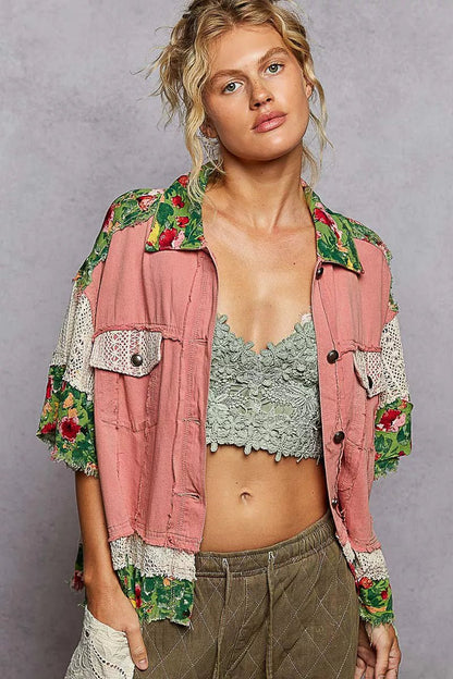 POL Lace Patch Floral Half Sleeve Shacket - Blu Lotus Boutique