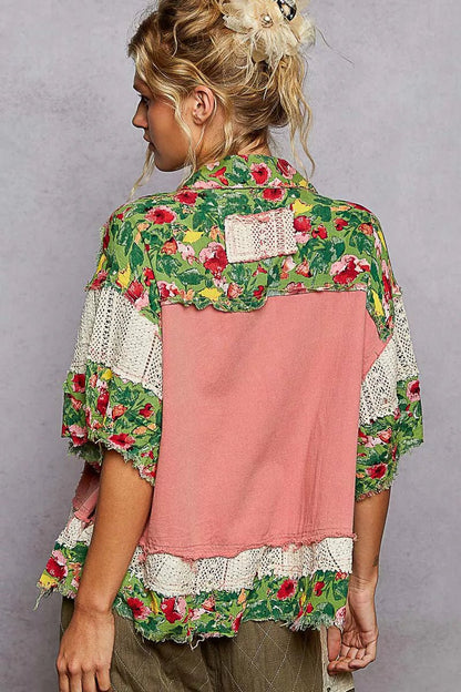 POL Lace Patch Floral Half Sleeve Shacket - Blu Lotus Boutique