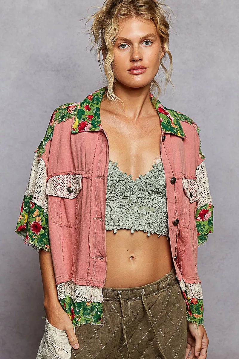 POL Lace Patch Floral Half Sleeve Shacket - Blu Lotus Boutique