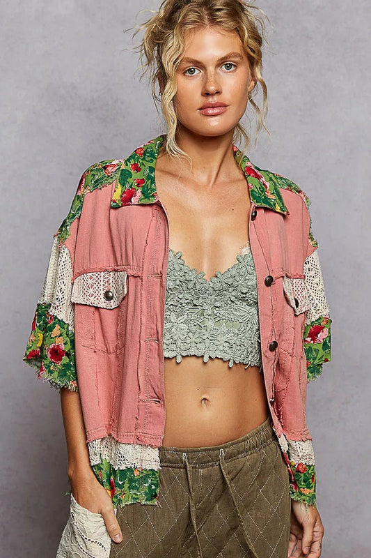 POL Lace Patch Floral Half Sleeve Shacket - Blu Lotus Boutique