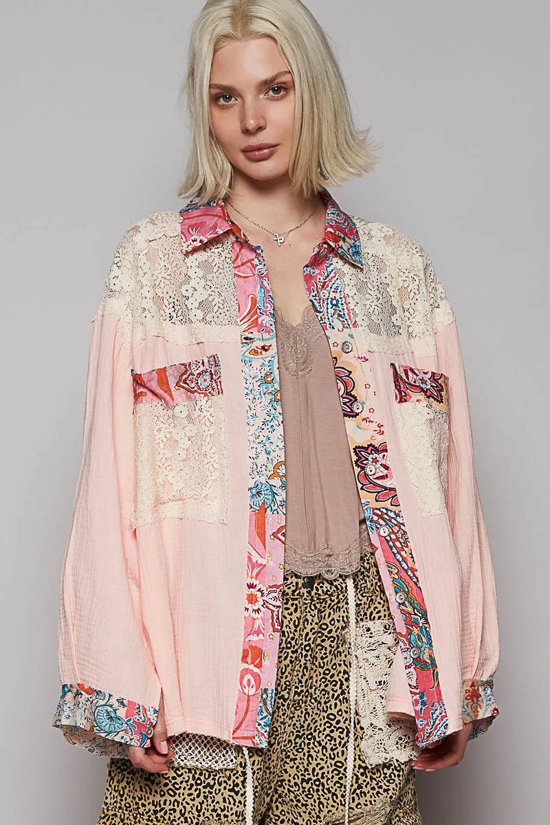 POL Lace Patchwork Floral Trim Long Sleeve Shirt - Blu Lotus Boutique