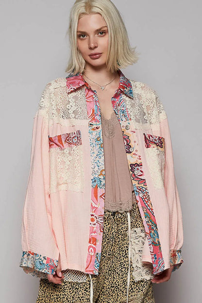POL Lace Patchwork Floral Trim Long Sleeve Shirt - Blu Lotus Boutique