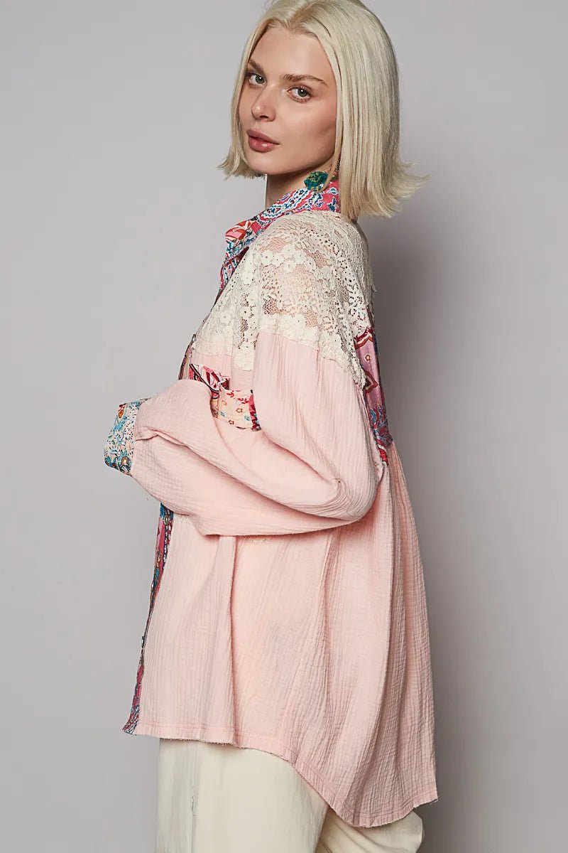 POL Lace Patchwork Floral Trim Long Sleeve Shirt - Blu Lotus Boutique