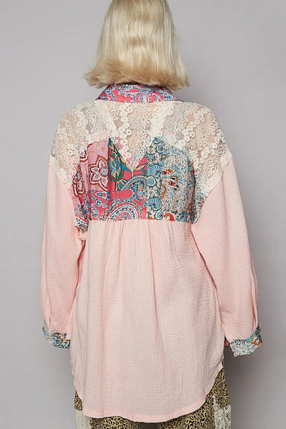 POL Lace Patchwork Floral Trim Long Sleeve Shirt - Blu Lotus Boutique