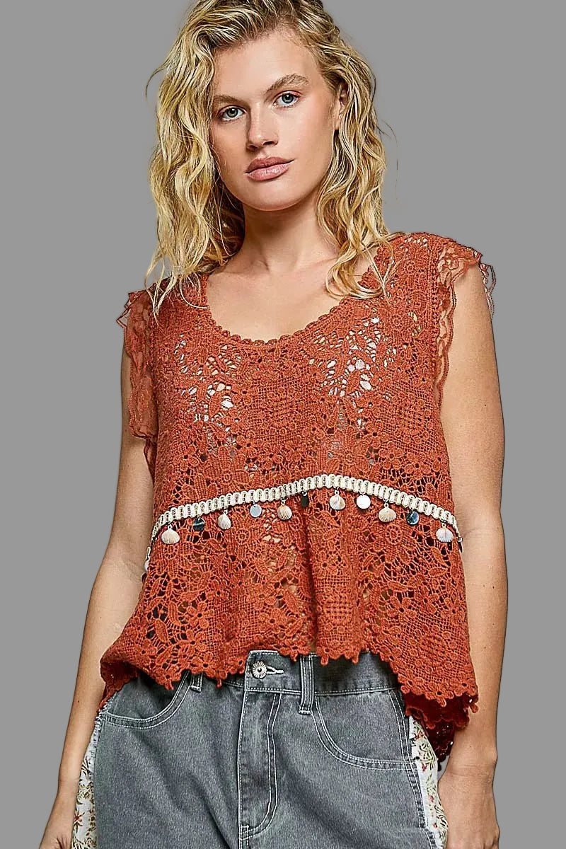 POL Lace Trim Openwork V - Neck Crochet Tank with Scalloped Edge - Blu Lotus Boutique