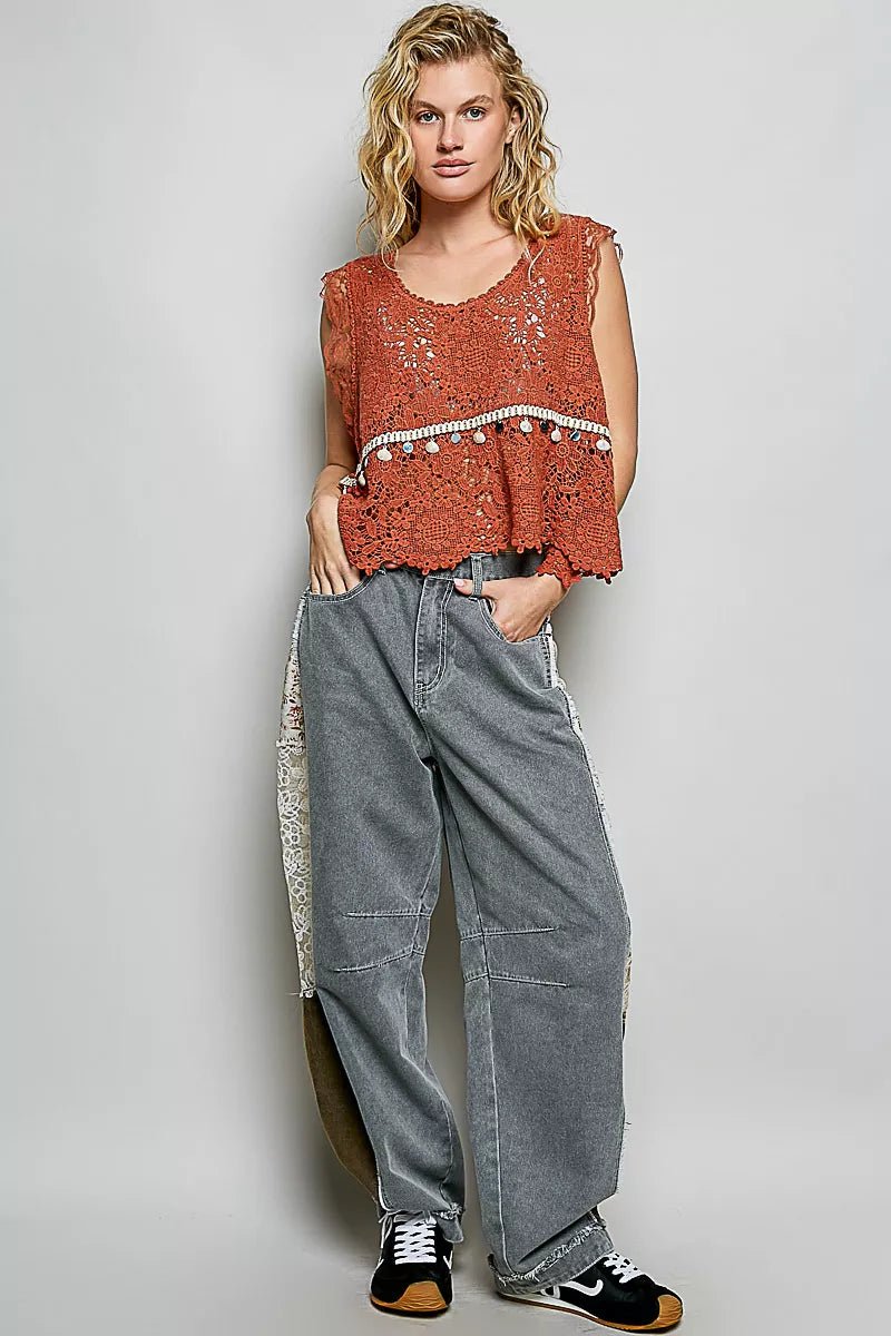 POL Lace Trim Openwork V - Neck Crochet Tank with Scalloped Edge - Blu Lotus Boutique