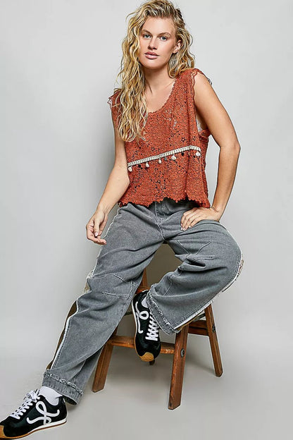 POL Lace Trim Openwork V - Neck Crochet Tank with Scalloped Edge - Blu Lotus Boutique