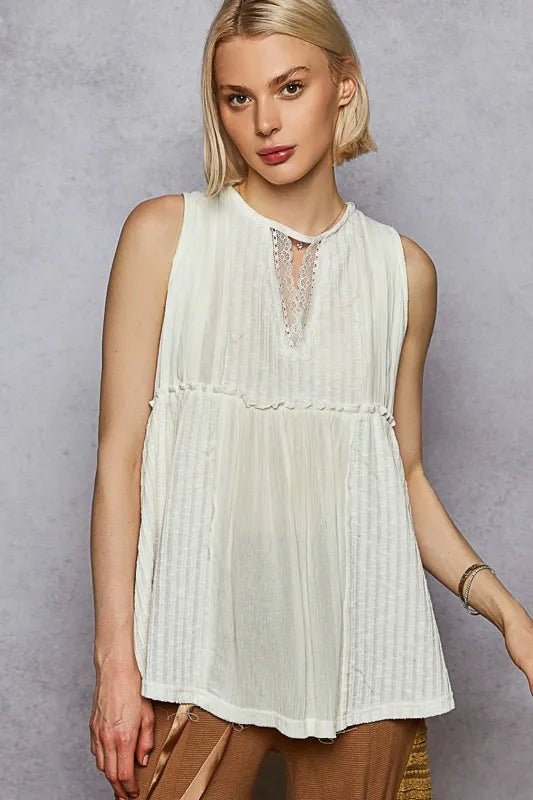 POL Lace Trim Round Neck Tank with Pintuck Detail - Blu Lotus Boutique