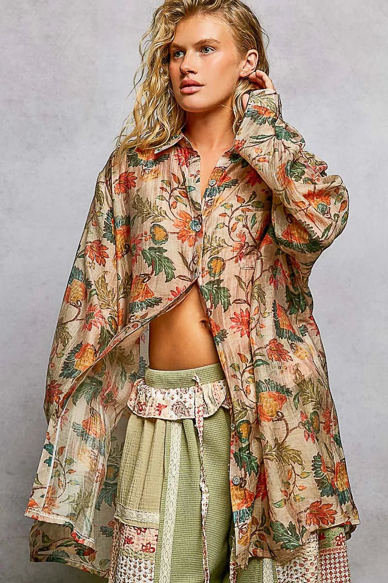 POL Metal Button Down Floral Long Sleeve Shirt - Blu Lotus Boutique