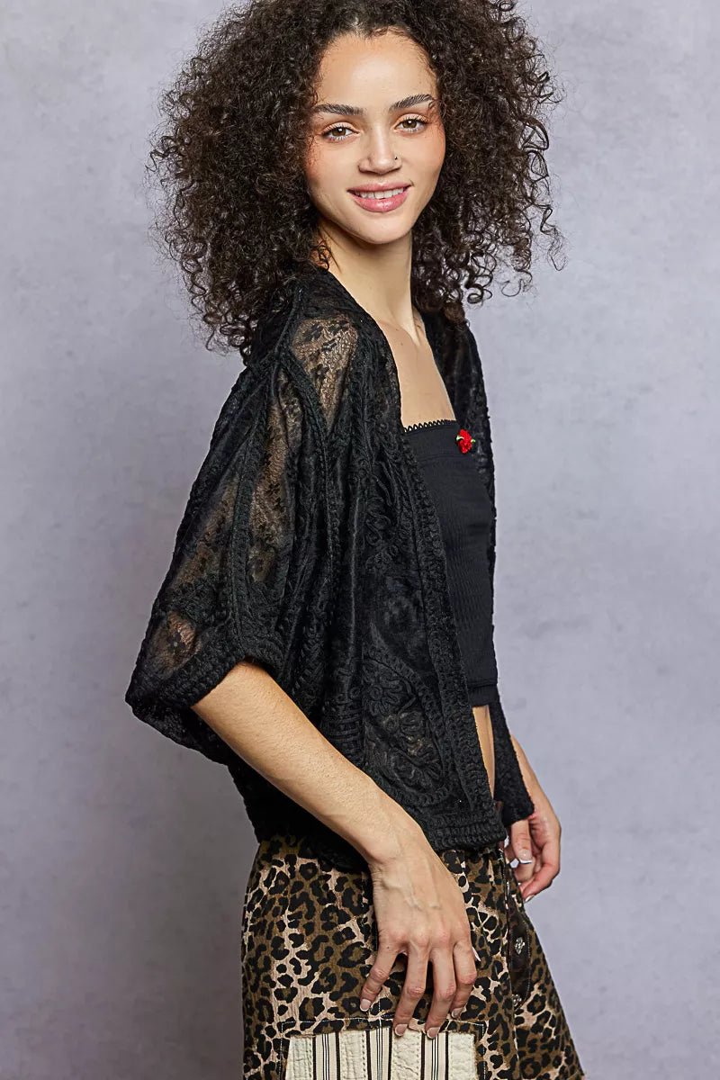 POL Open Front Crochet Cardigan with Floral Embroidery - Blu Lotus Boutique