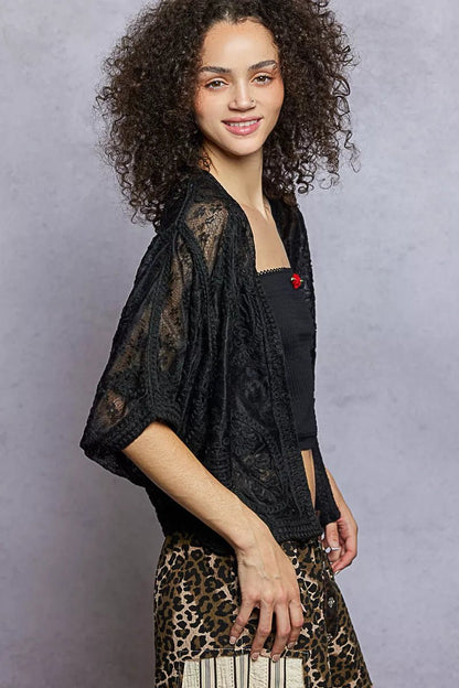 POL Open Front Crochet Cardigan with Floral Embroidery - Blu Lotus Boutique