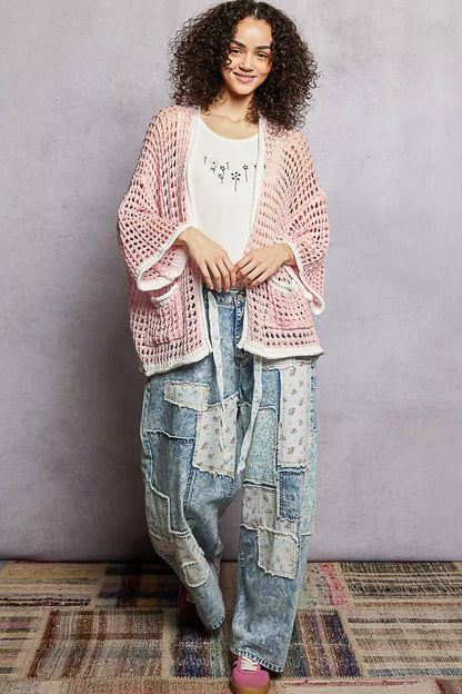 POL Open Front Openwork Cardigan with Contrast Trim - Blu Lotus Boutique