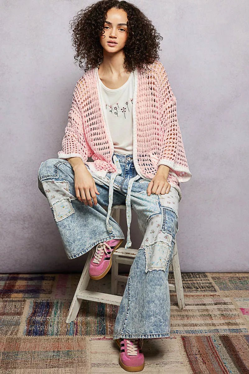 POL Open Front Openwork Cardigan with Contrast Trim - Blu Lotus Boutique