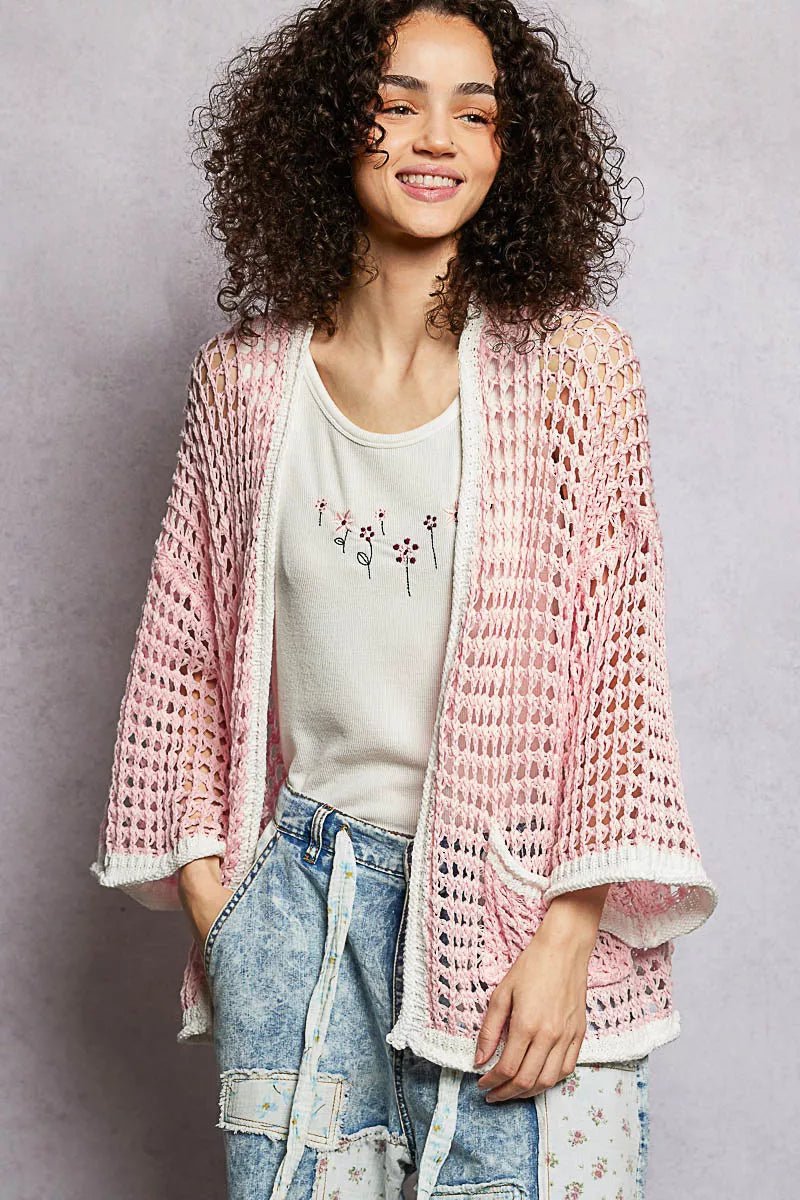 POL Open Front Openwork Cardigan with Contrast Trim - Blu Lotus Boutique