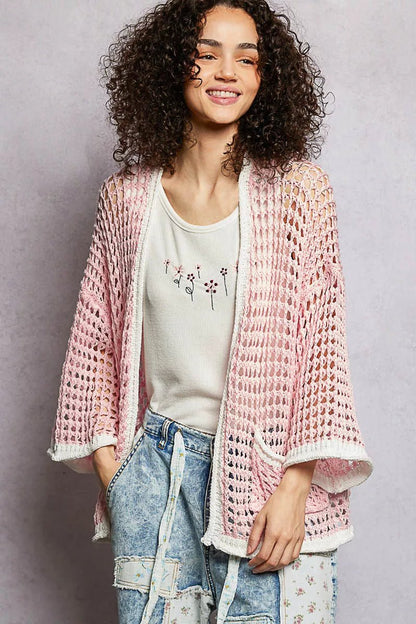 POL Open Front Openwork Cardigan with Contrast Trim - Blu Lotus Boutique
