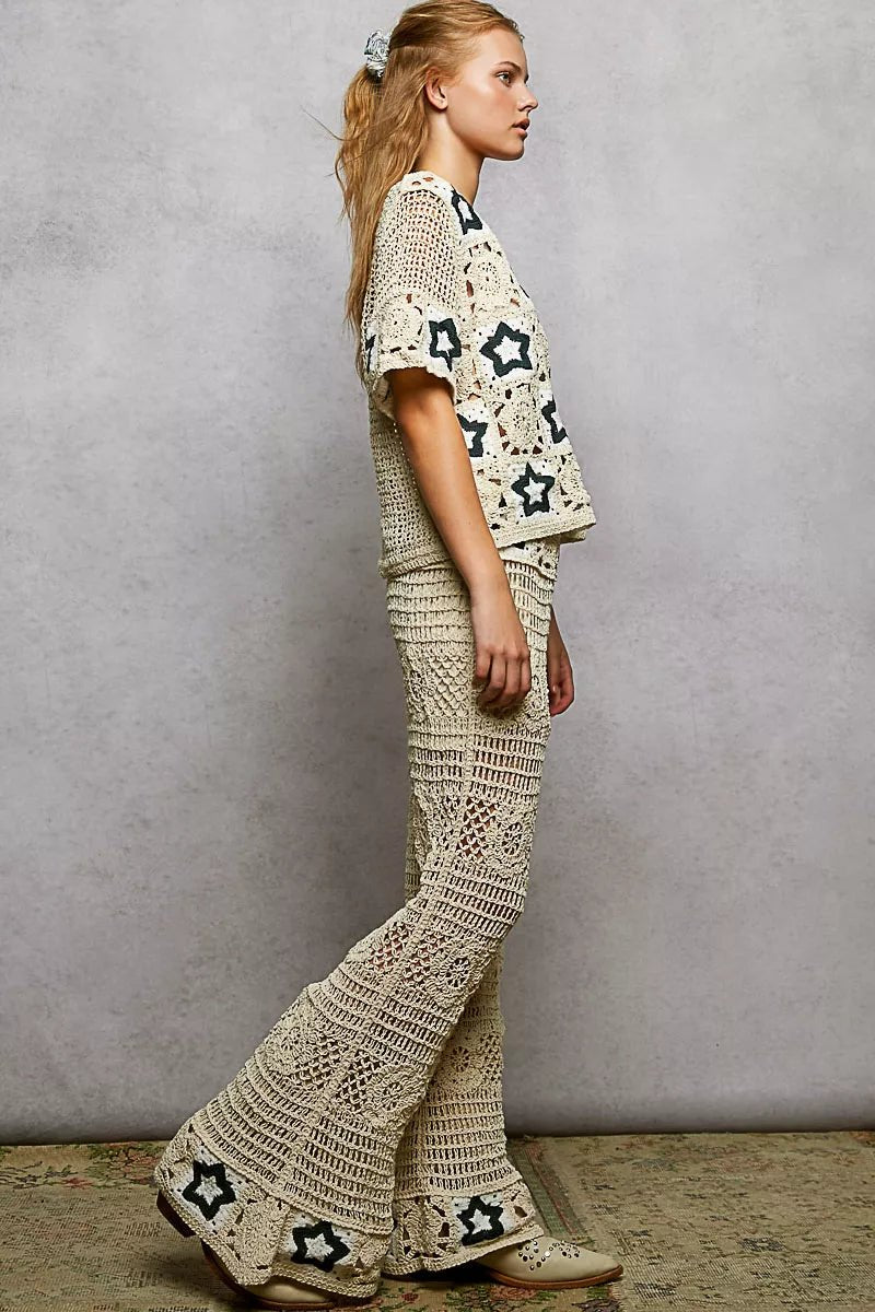 POL Openwork Crochet Flare Pants with Contrast Star - Blu Lotus Boutique