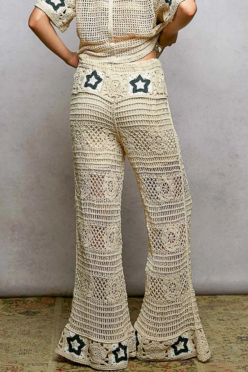 POL Openwork Crochet Flare Pants with Contrast Star - Blu Lotus Boutique