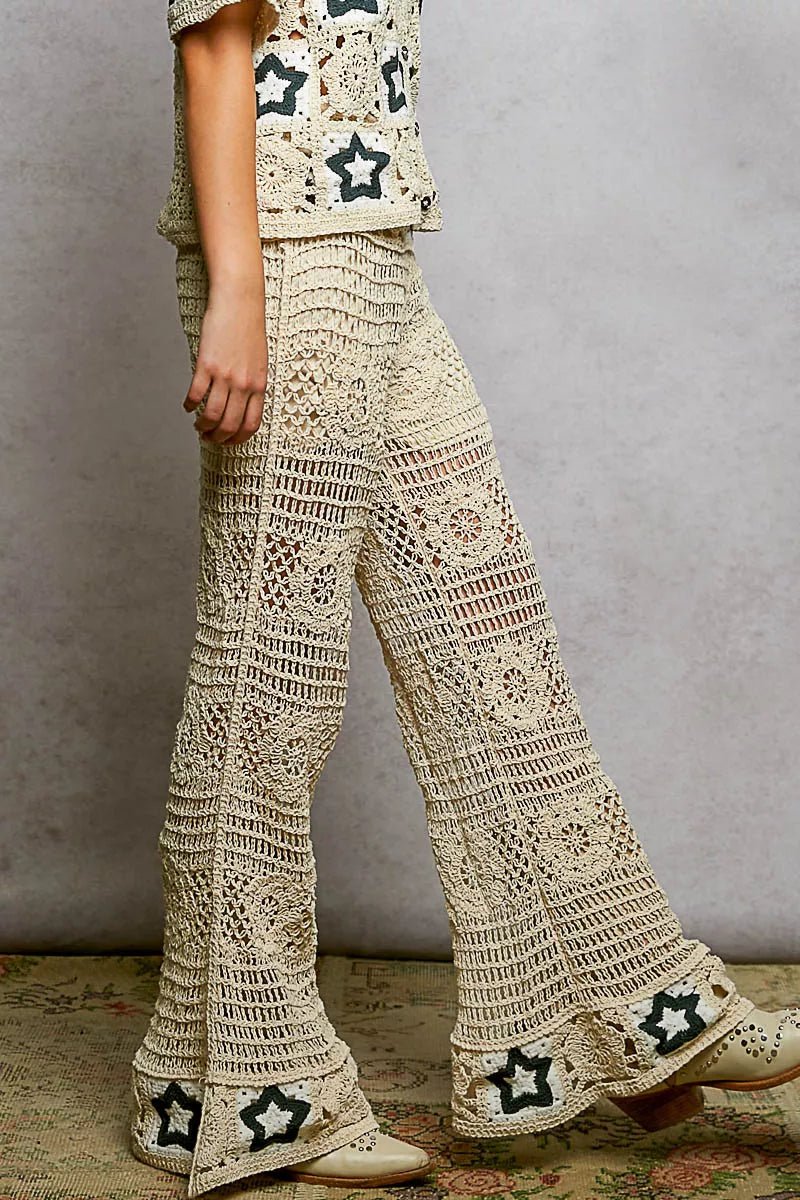 POL Openwork Crochet Flare Pants with Contrast Star - Blu Lotus Boutique