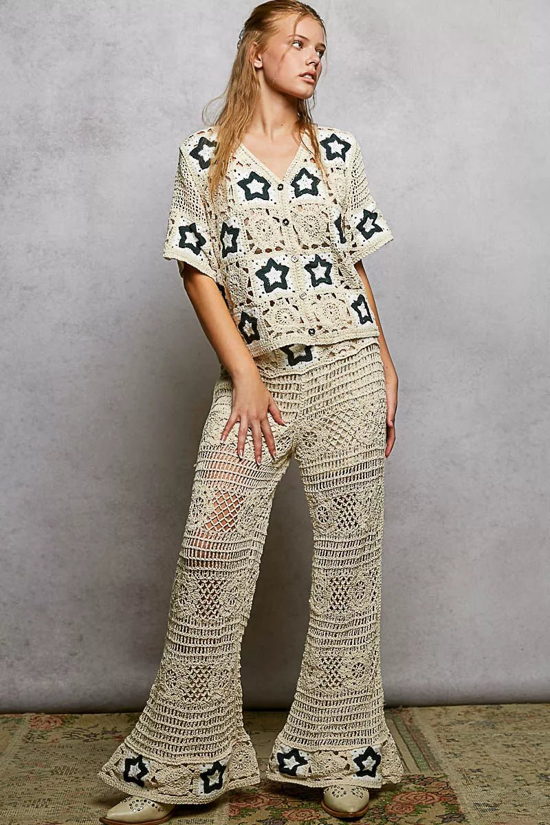 POL Openwork Crochet Flare Pants with Contrast Star - Blu Lotus Boutique